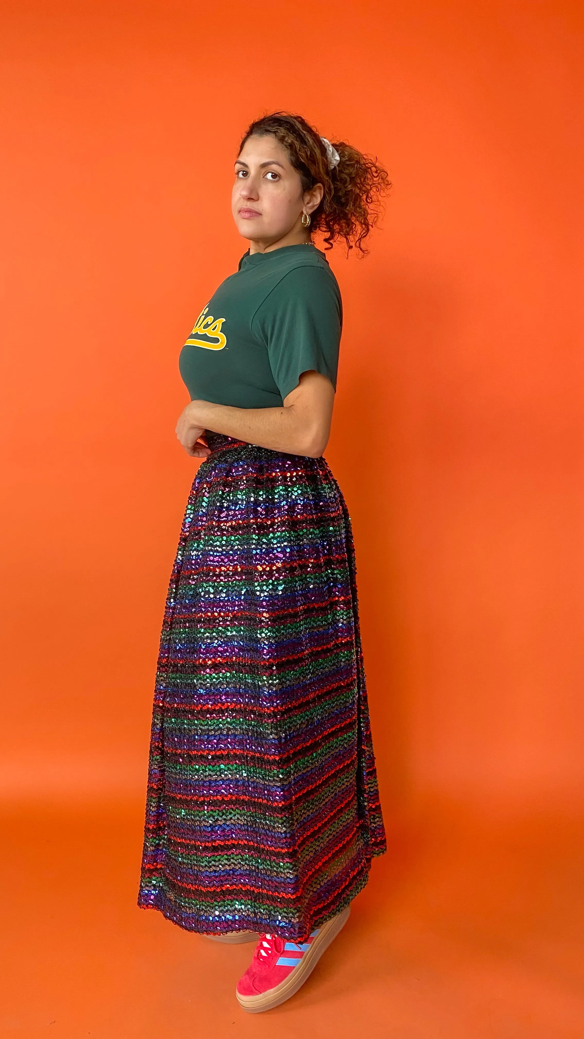 Vintage 1980s Rainbow Sequin Maxi Skirt, Size Medium – Statement Fashion Piece