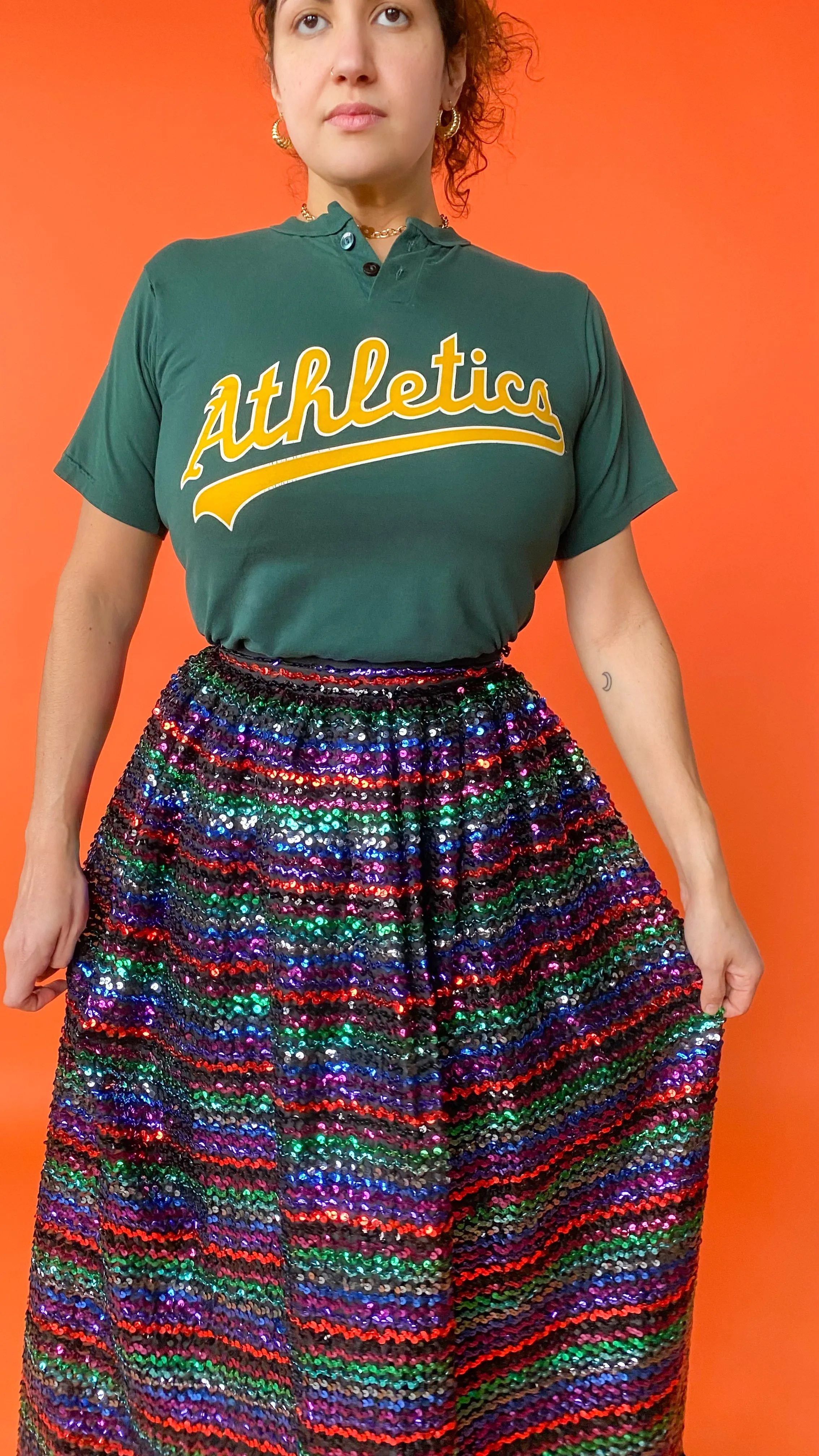 Vintage 1980s Rainbow Sequin Maxi Skirt, Size Medium – Statement Fashion Piece