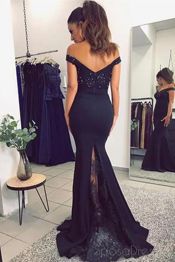 2018 Off Shoulder Black Mermaid Long Evening Prom Dresses, 17456