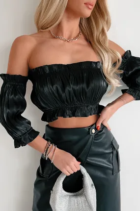 A Date With Fate Off The Shoulder Pleated Crop Top (Black)