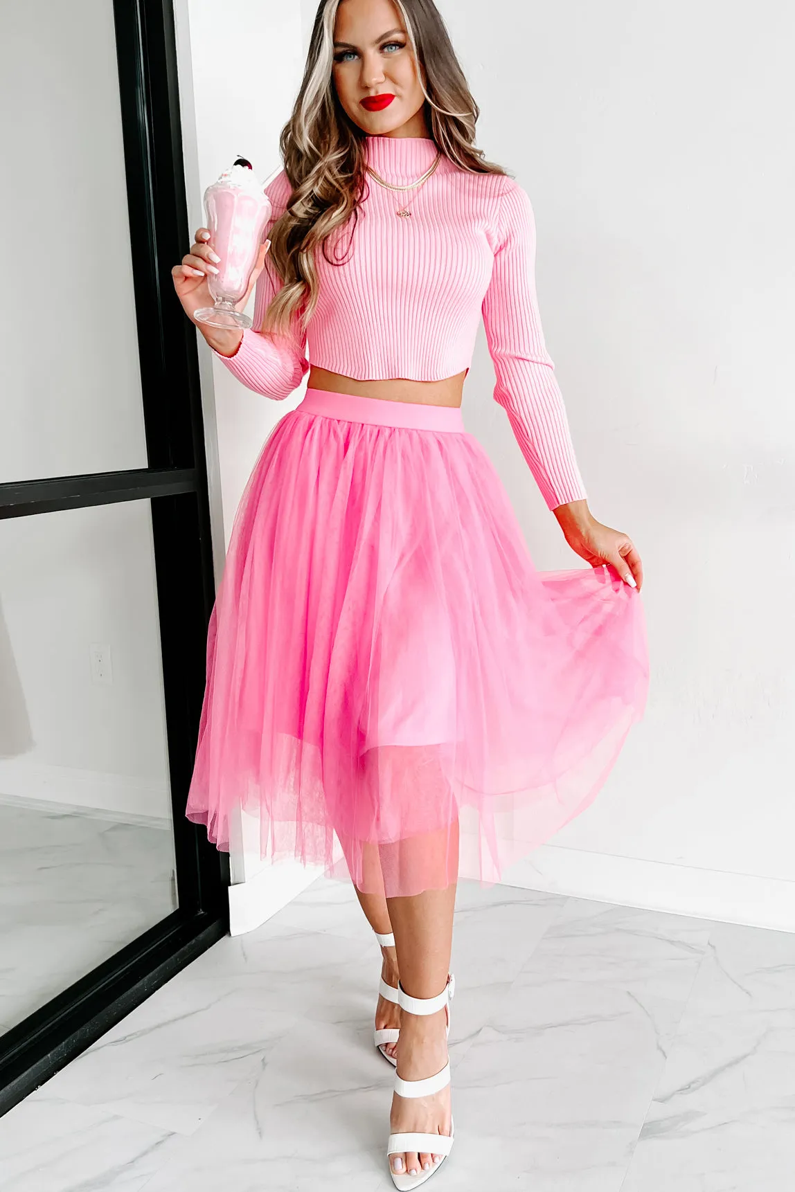 All About Us Mock Neck Cropped Sweater Top (Candy Pink)