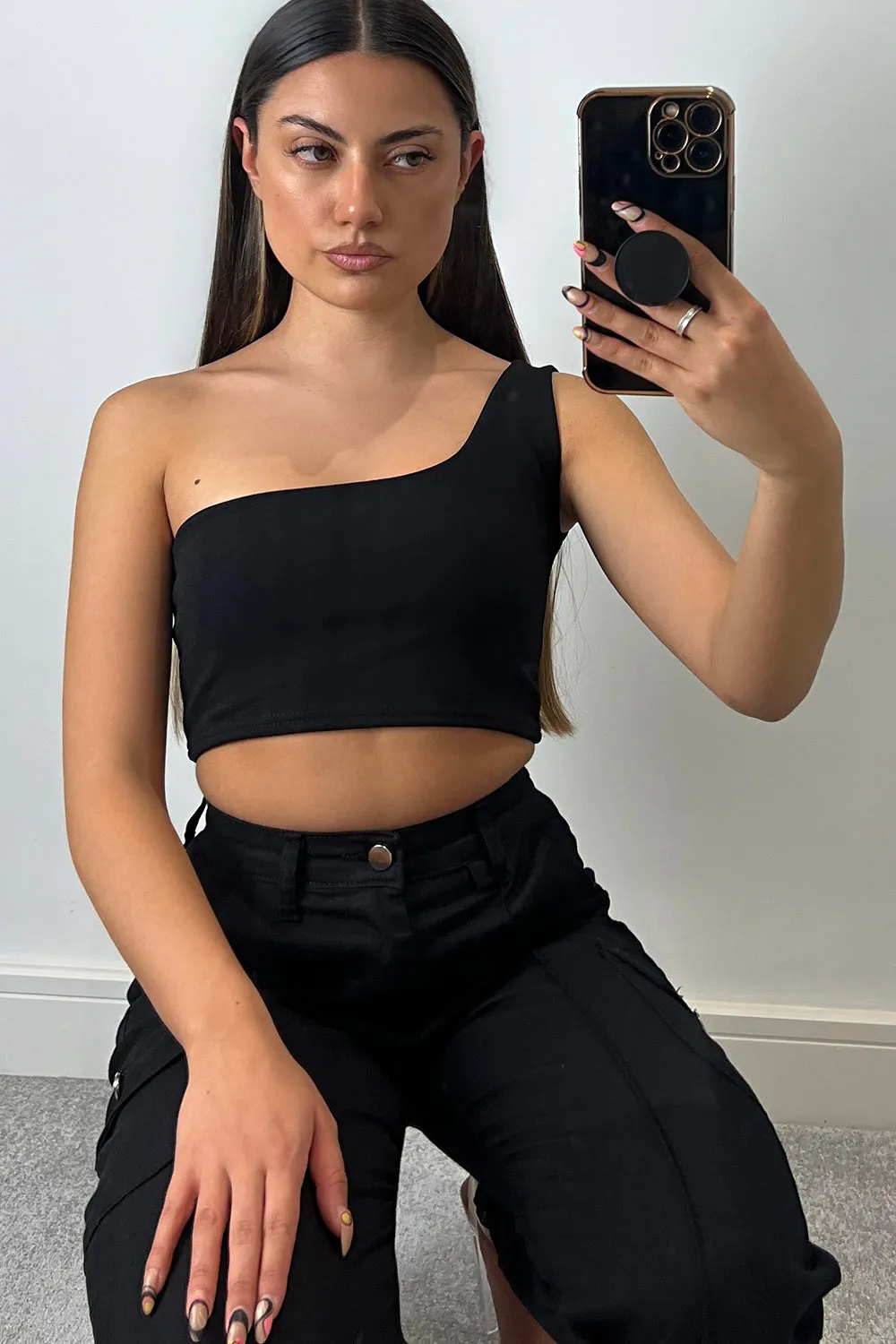 Ariaa Black One Shoulder Crop Top