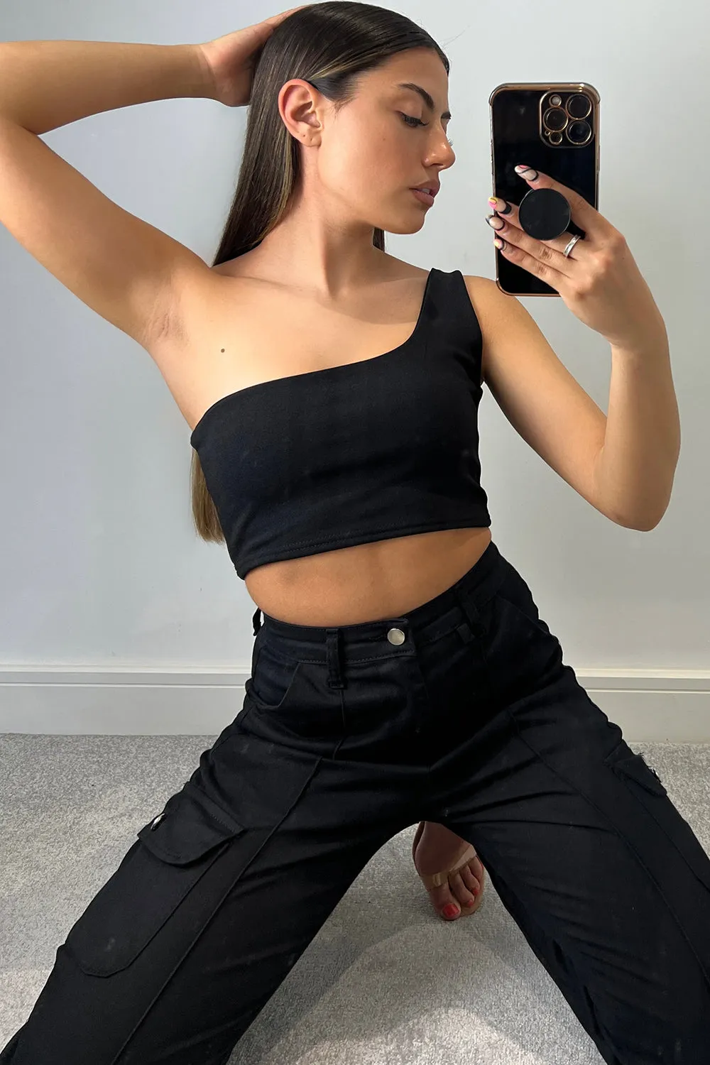 Ariaa Black One Shoulder Crop Top