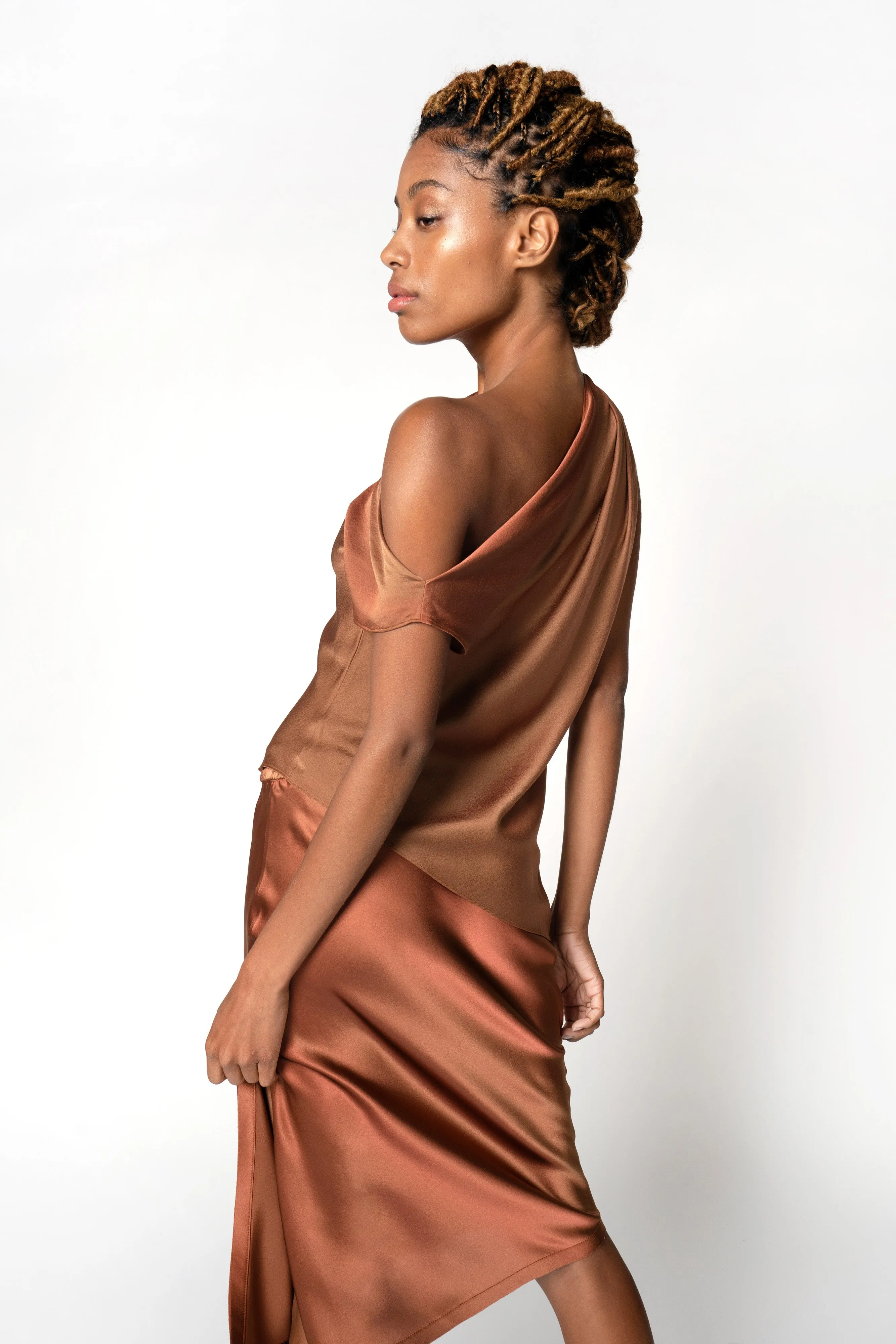 Asymmetric Draped Shoulder Top - Terracotta