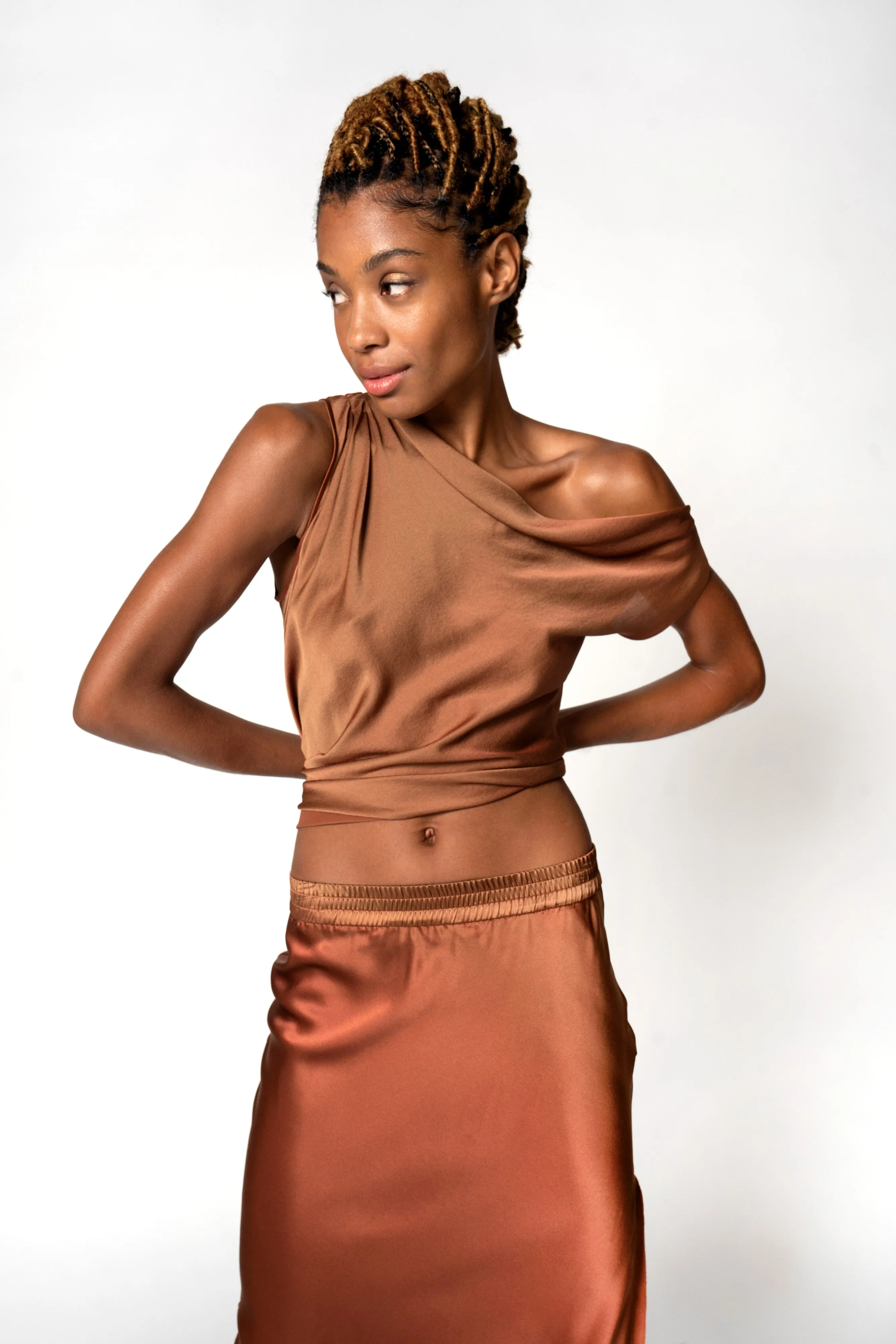 Asymmetric Draped Shoulder Top - Terracotta