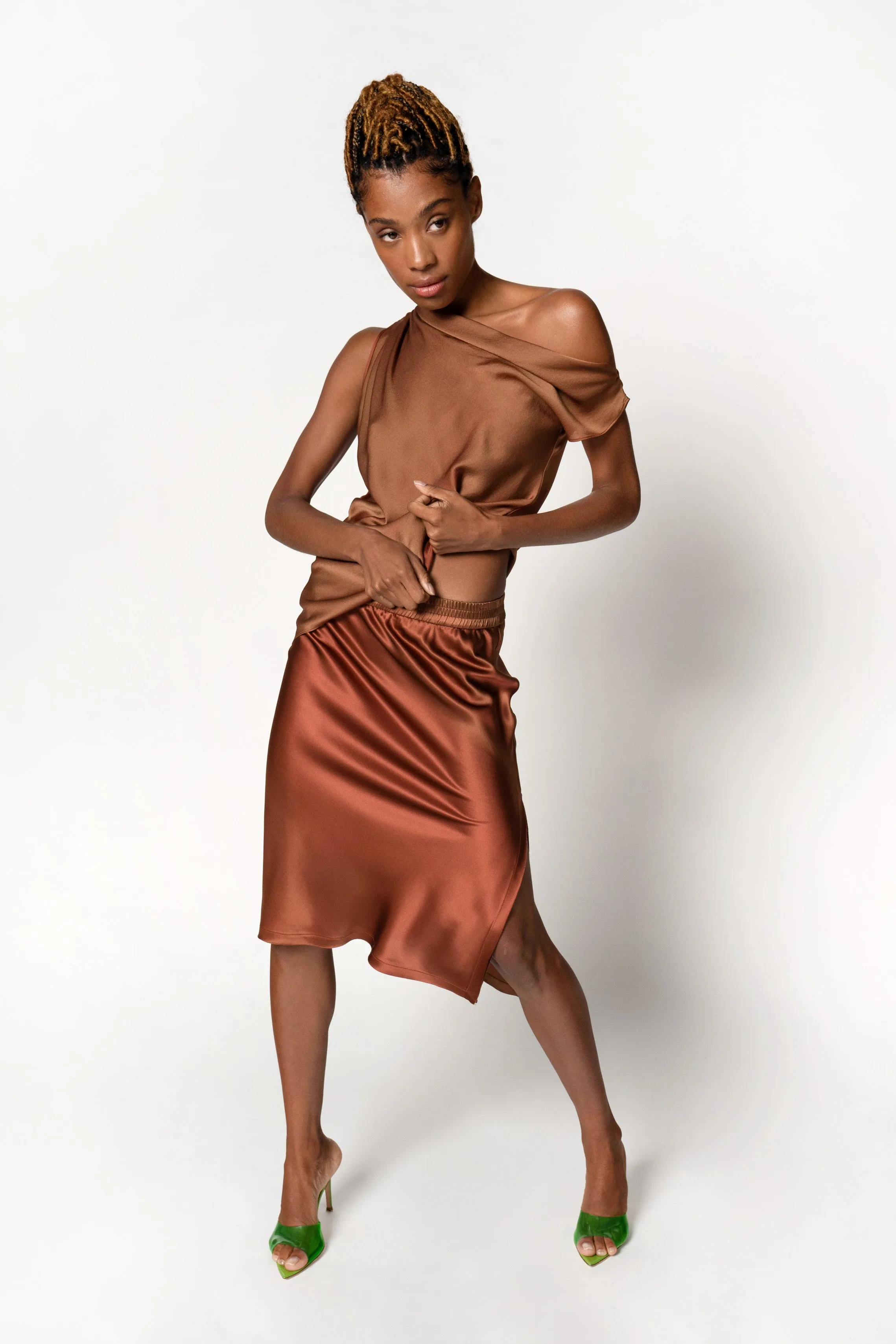 Asymmetric Draped Shoulder Top - Terracotta