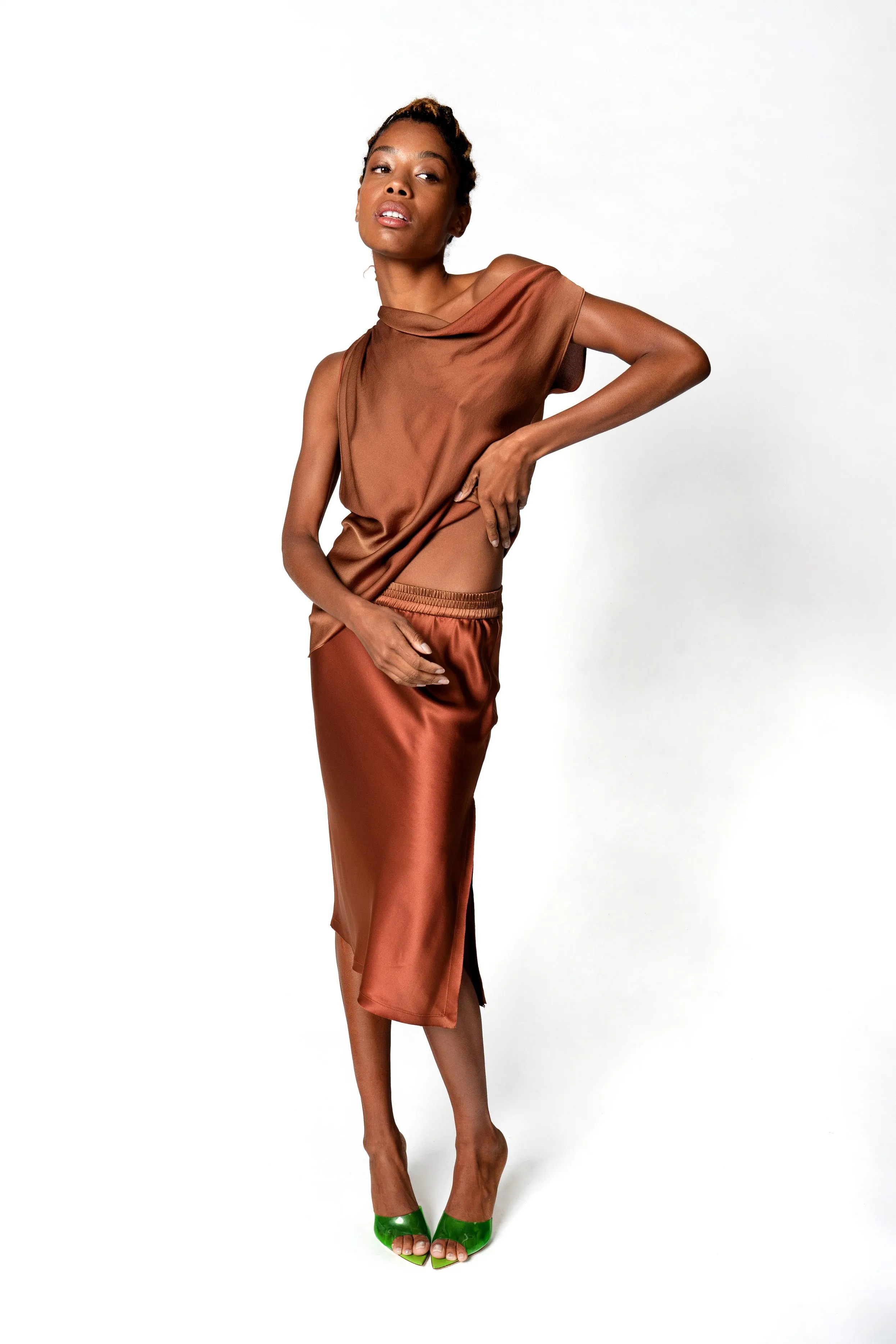 Asymmetric Draped Shoulder Top - Terracotta