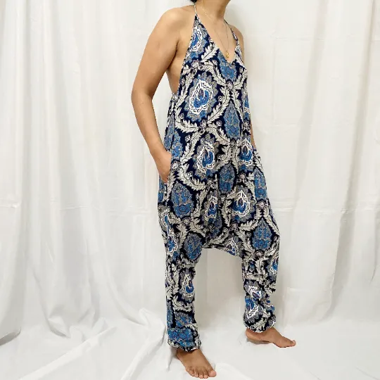 Backless Jumpsuit,Fashionable Jumpsuit, Summer Comfortable Romper, Dropcrotch Jumpsuit, Backless Bodysuit, Black Printed Jumpsuit, Overalls