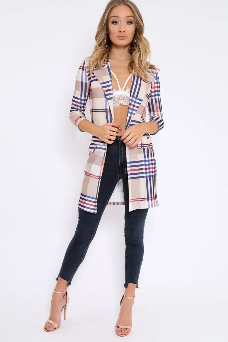 Beige Check Long Line Blazer - Trudey