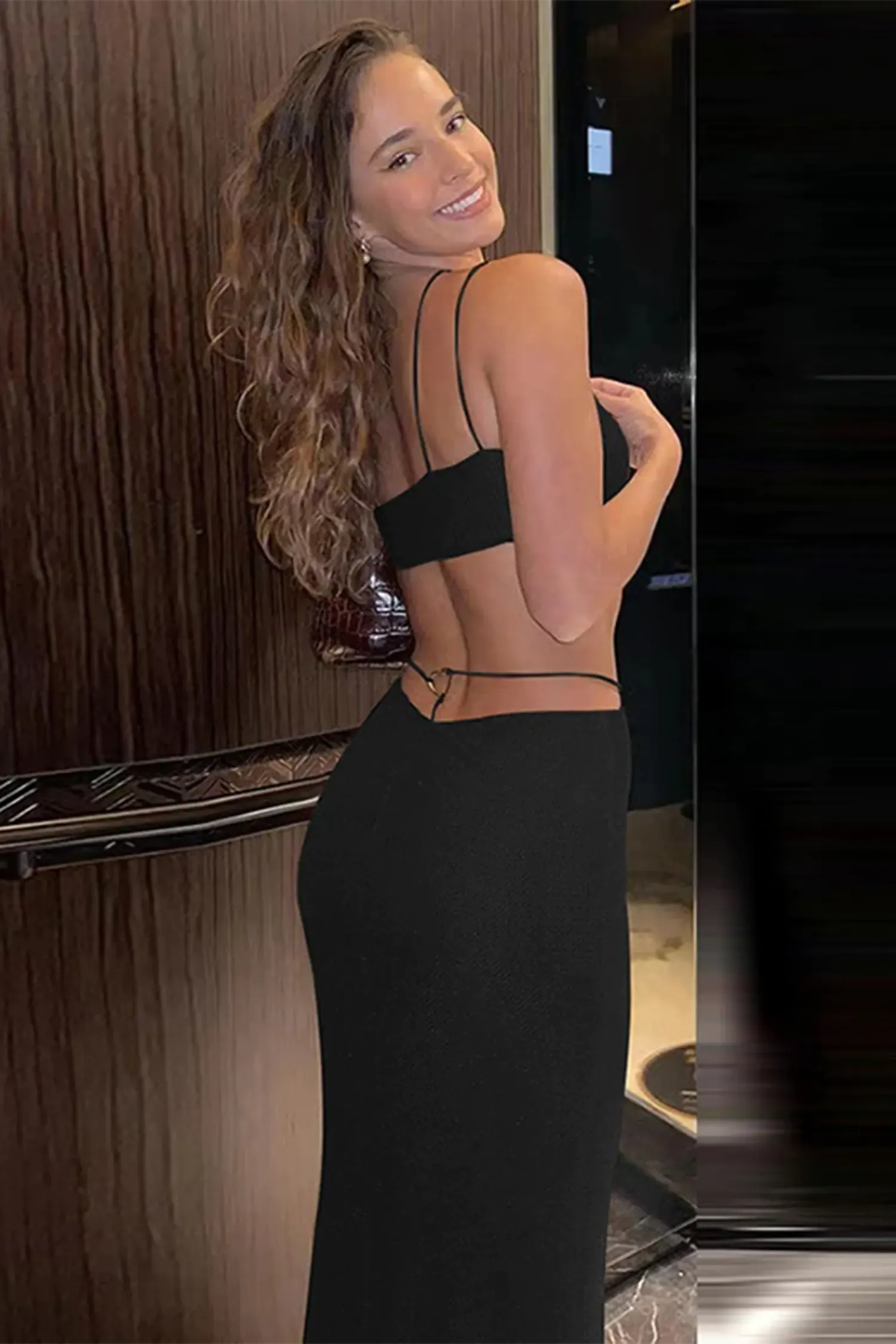 Black Glitter Mesh Overlay Maxi Skirt & Bandeau Top Set