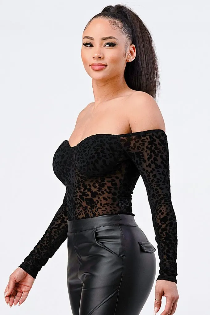 Black Leopard Print Off Shoulder Bodysuit