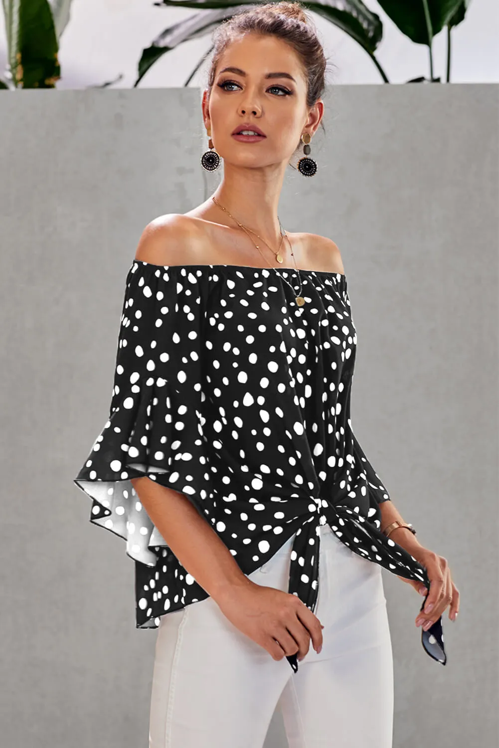 Black Polka Dot 3/4 Bell Sleeve Front Tie Knot Off Shoulder Top