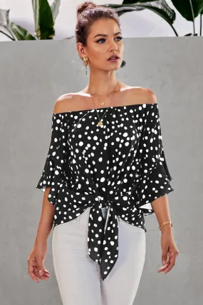 Black Polka Dot 3/4 Bell Sleeve Front Tie Knot Off Shoulder Top