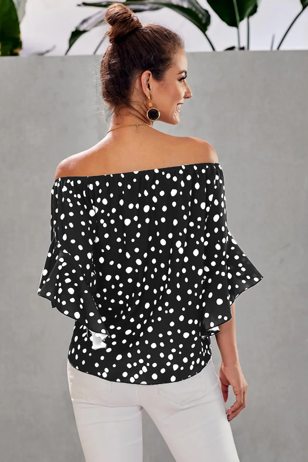 Black Polka Dot 3/4 Bell Sleeve Front Tie Knot Off Shoulder Top