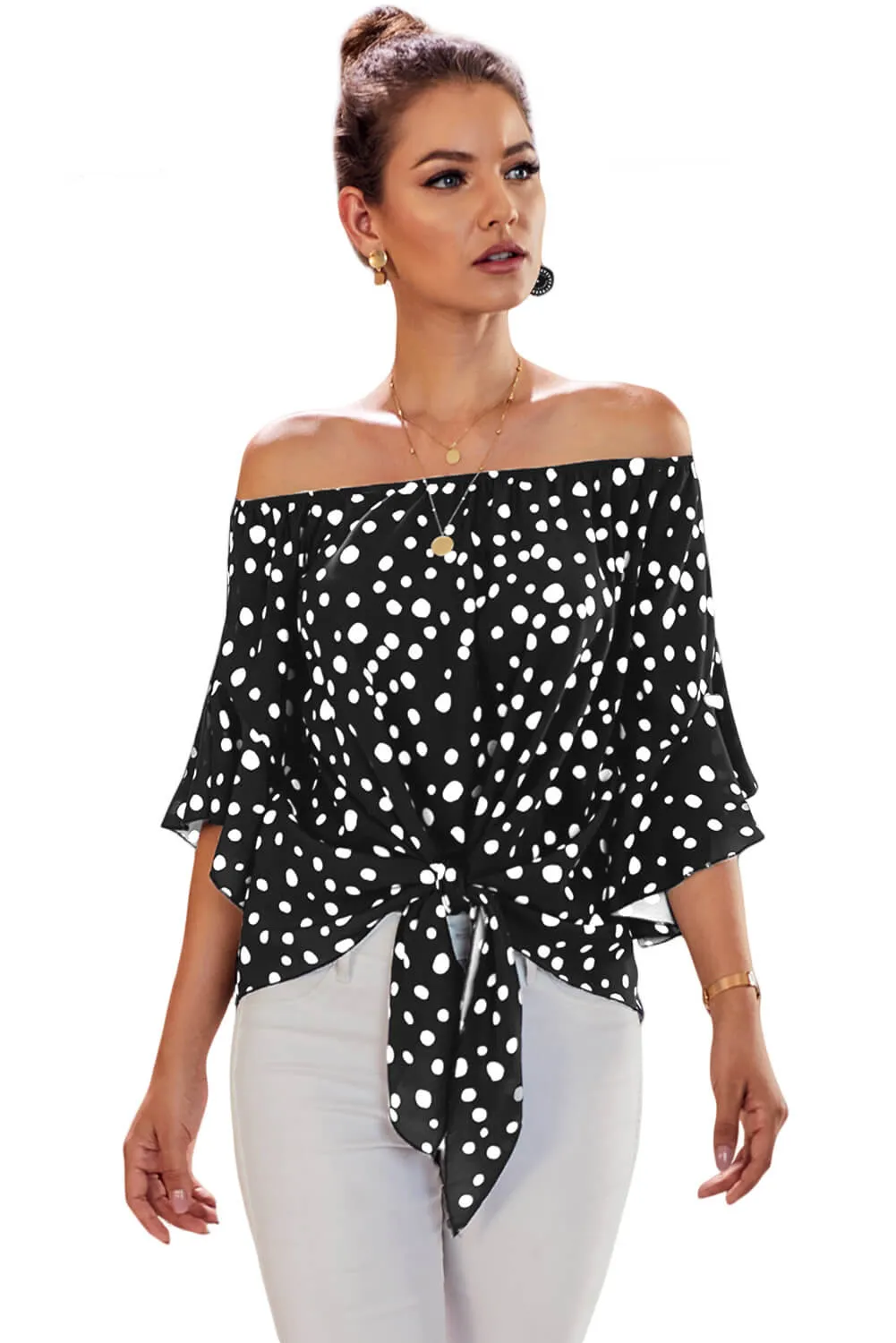 Black Polka Dot 3/4 Bell Sleeve Front Tie Knot Off Shoulder Top