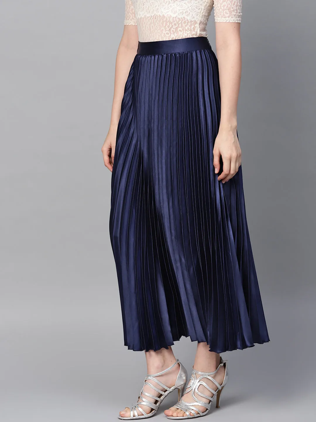 Blue Satin Pleated Maxi Skirt