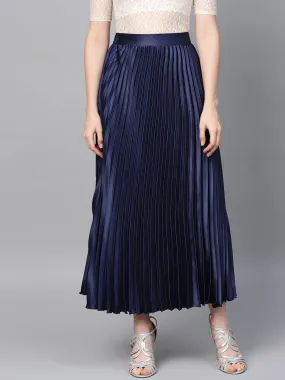 Blue Satin Pleated Maxi Skirt