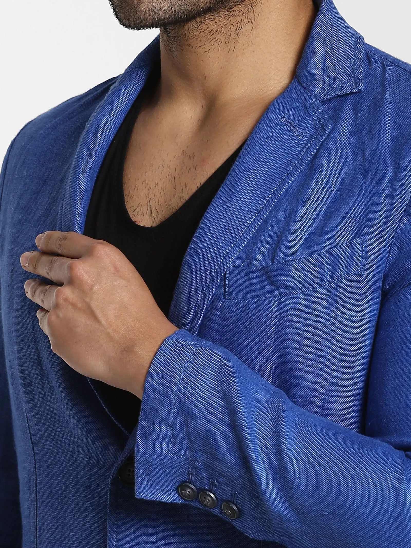 Blue Solid Linen Blazer