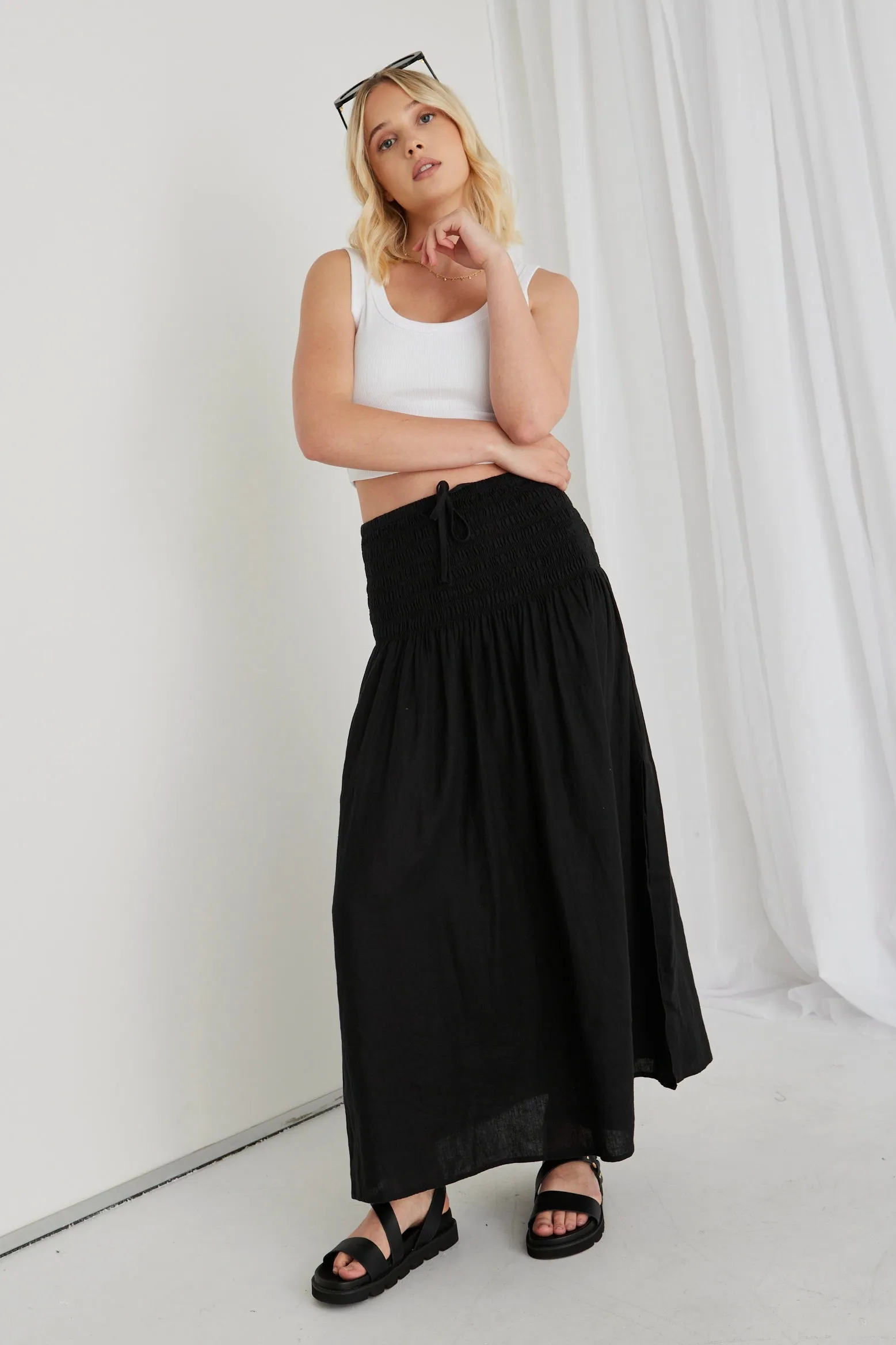 Byron Black Linen Shirred Waist Maxi Skirt