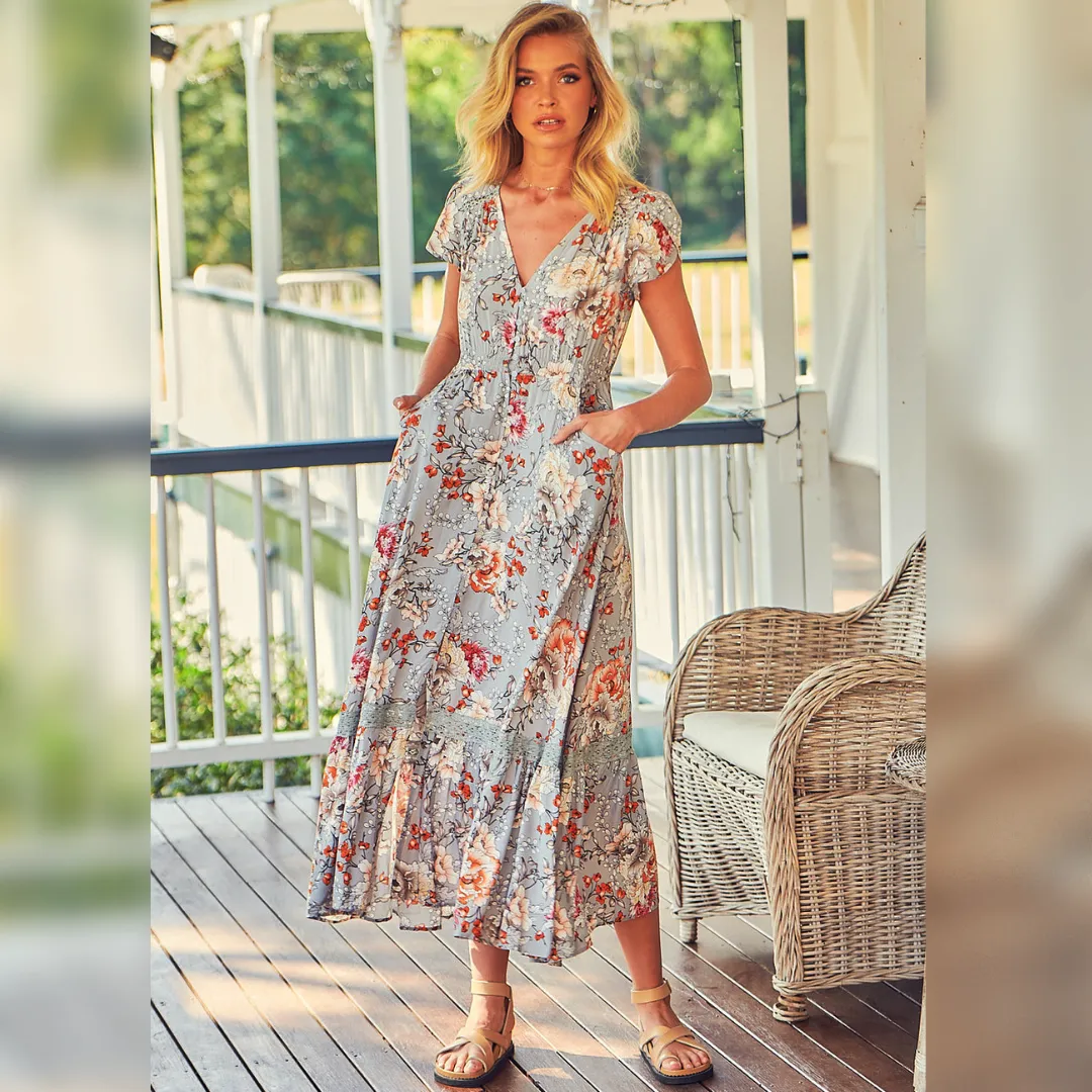 Carmen Maxi Dress Orange Blossom Print