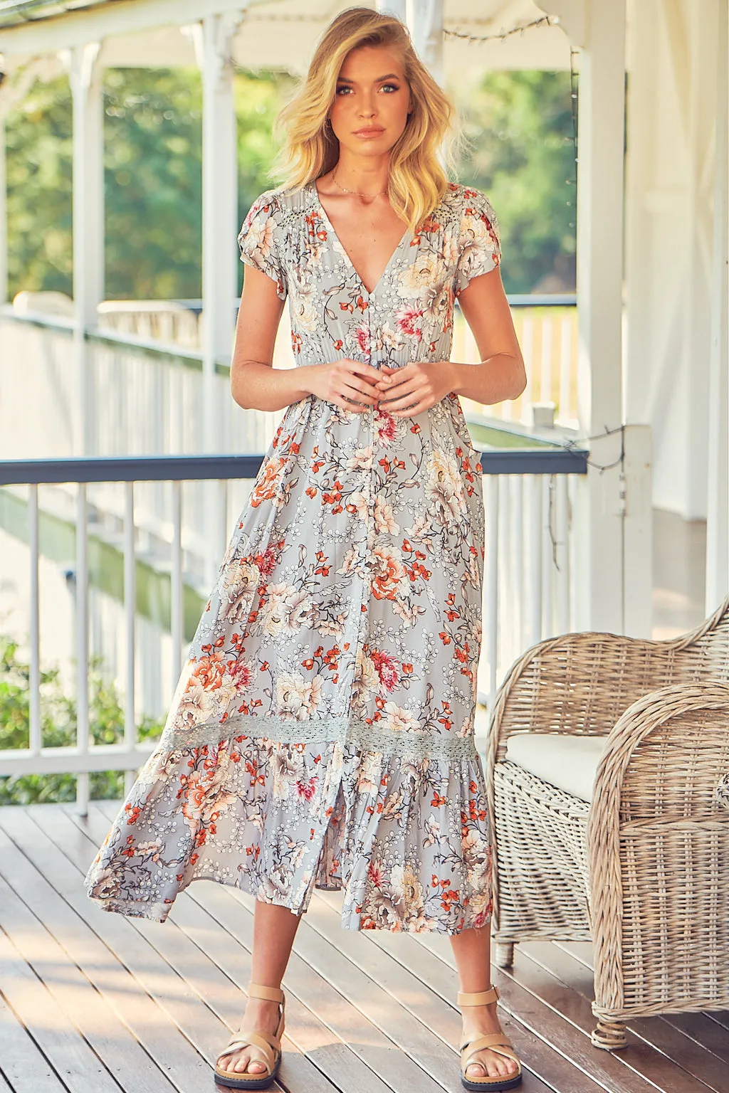 Carmen Maxi Dress Orange Blossom Print