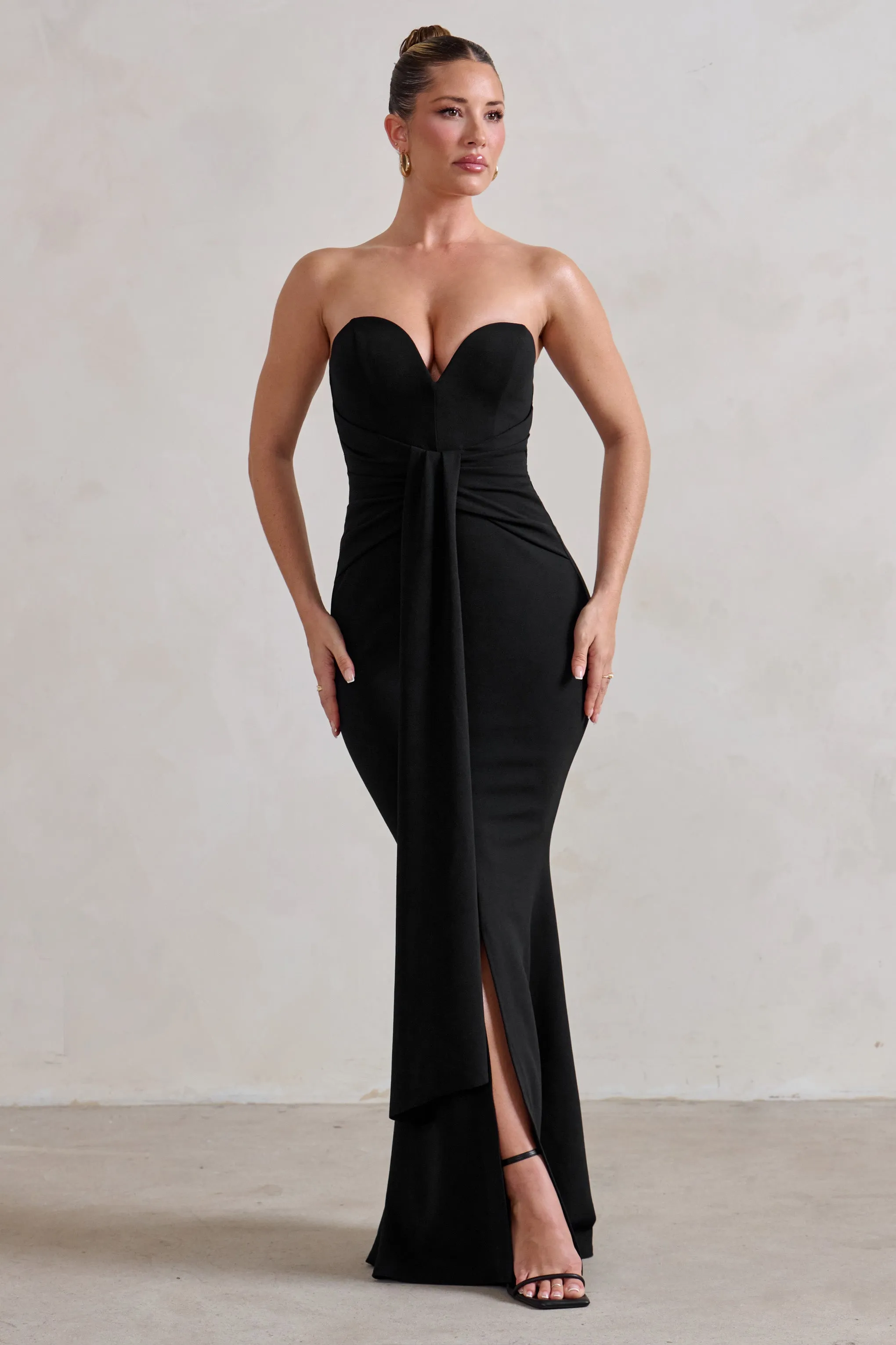 Carrie | Black Sweetheart Neckline Maxi Dress With Statement Tie