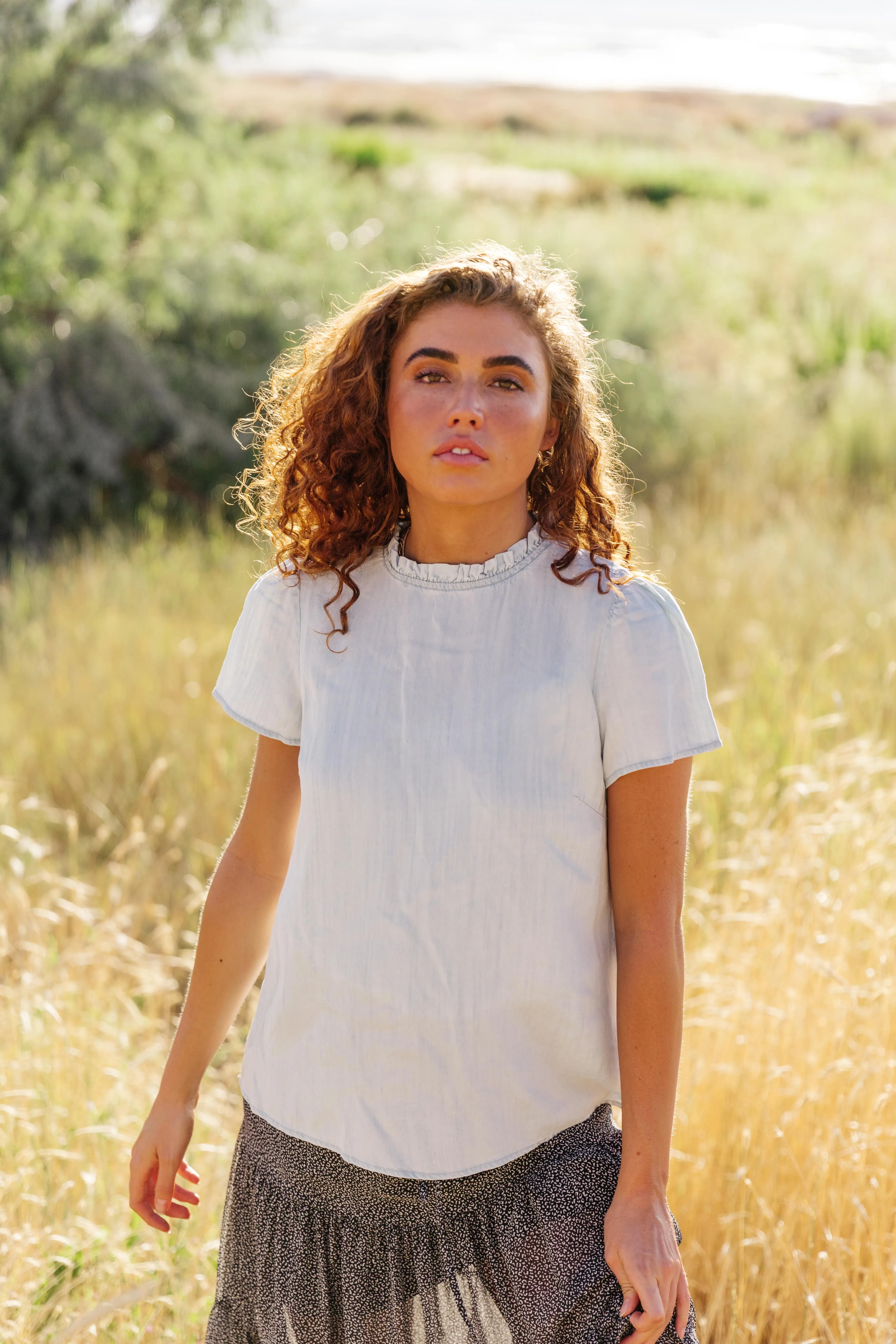 Chambray Ruffle Neck Top