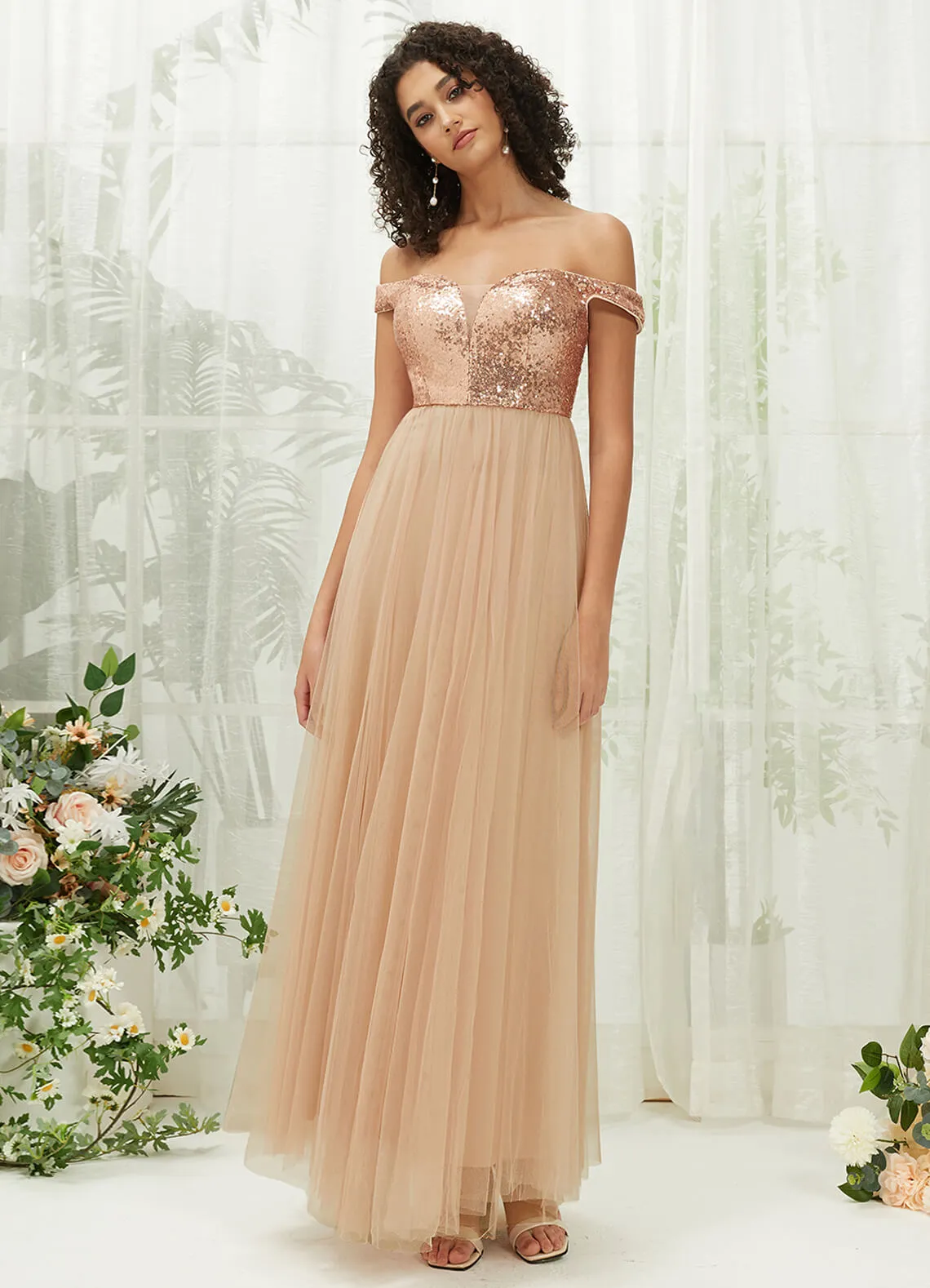 Champagne Gold Sequin Tulle Off-Shoulder Maxi Flowy Bridesmaid Dress