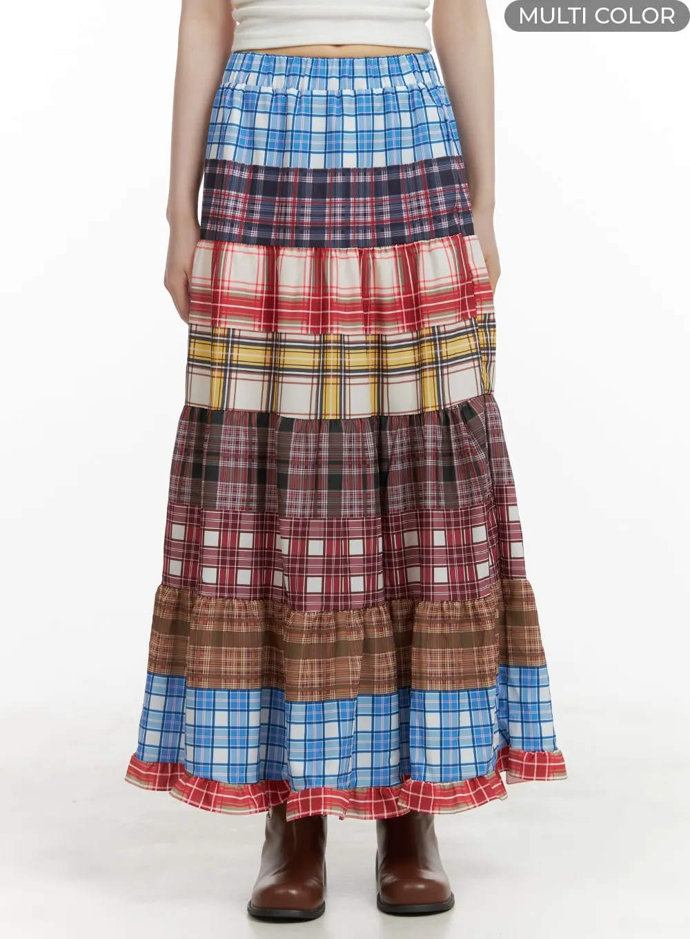 Checkered Ruffle Patchwork Maxi Skirt CA411