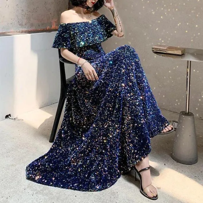 Chic Sequined Off Shoulder Evening Dress