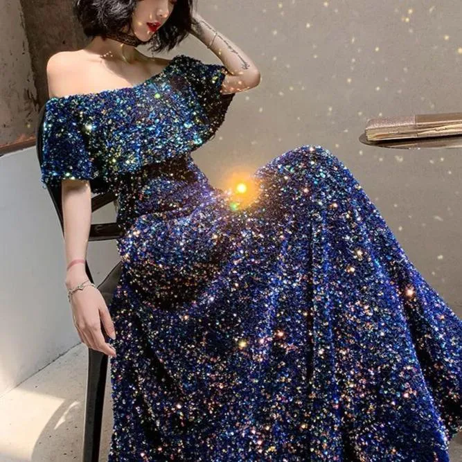 Chic Sequined Off Shoulder Evening Dress