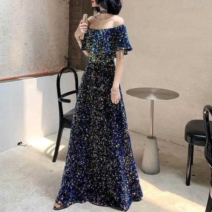 Chic Sequined Off Shoulder Evening Dress