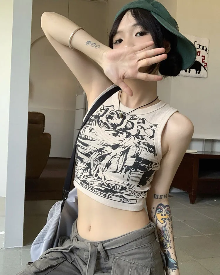 Cropped Tank Top With Anime Print