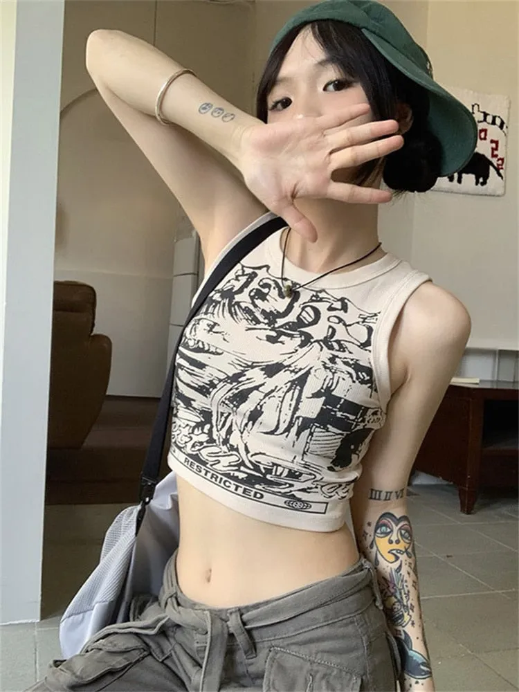 Cropped Tank Top With Anime Print