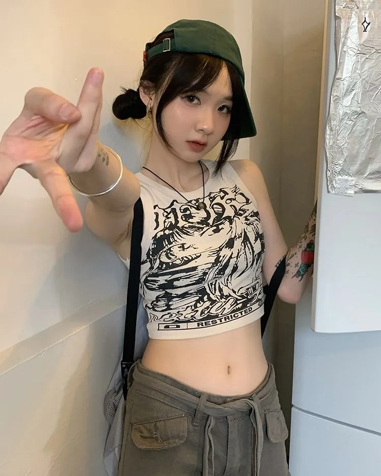 Cropped Tank Top With Anime Print