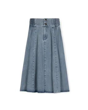 Denim Side Smocking Flare Maxi Skirt