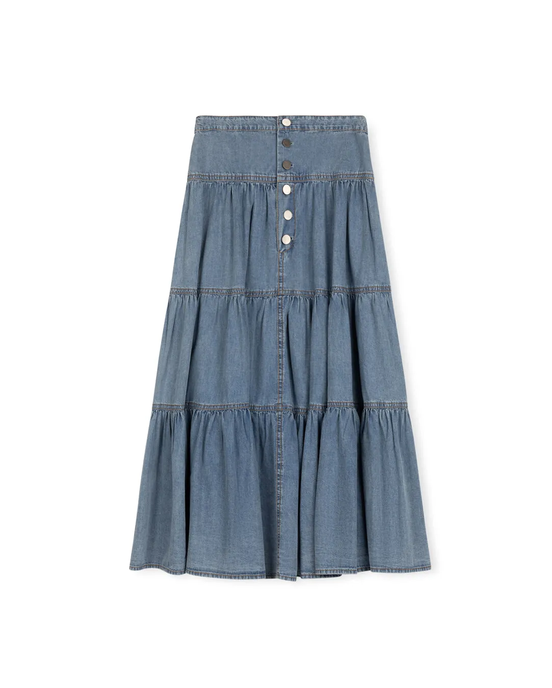 Denim Tiered Button Front Maxi Skirt