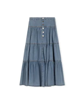 Denim Tiered Button Front Maxi Skirt