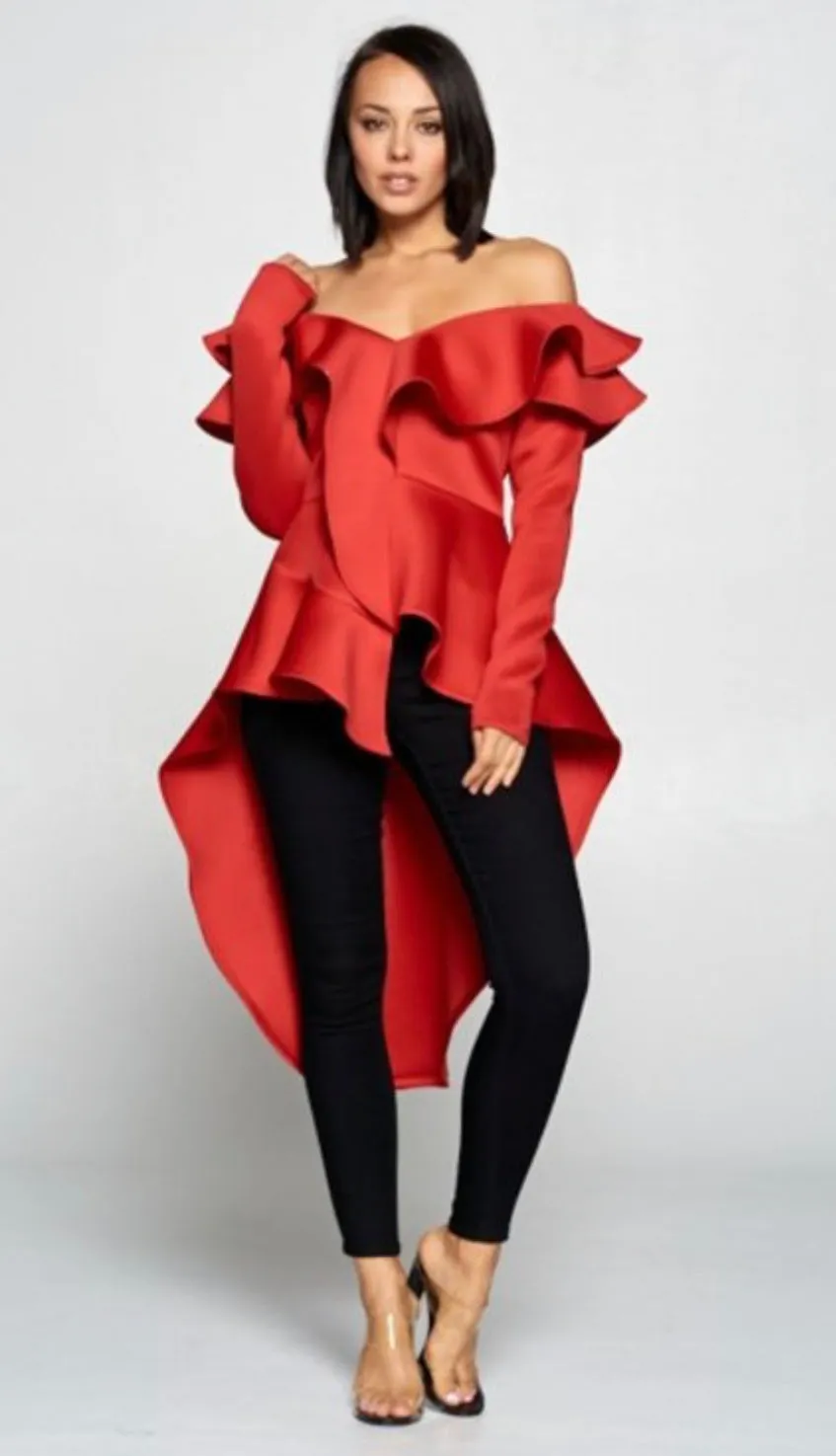 Drama Queen Red Off Shoulder Ruffled Hi Low Top