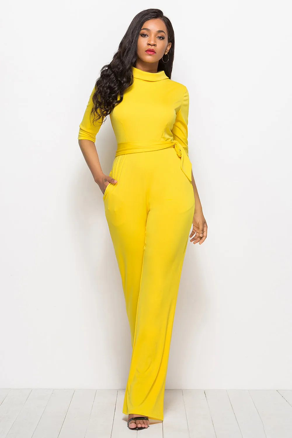 Elegant Mock Neck Tie-Waist Jumpsuit