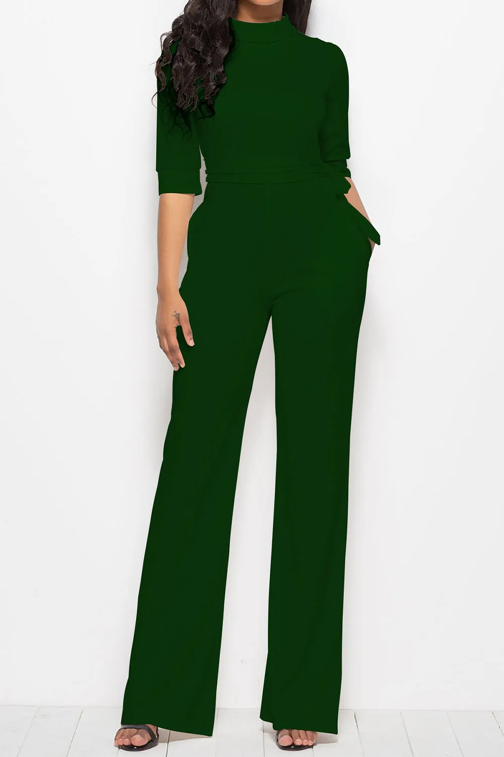 Elegant Mock Neck Tie-Waist Jumpsuit