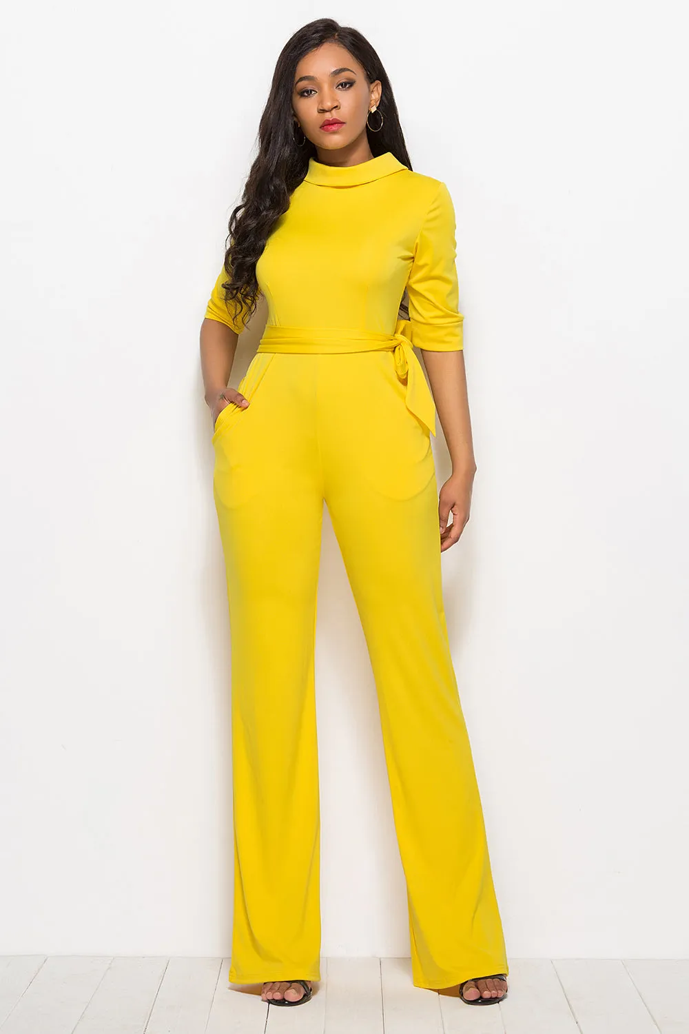 Elegant Mock Neck Tie-Waist Jumpsuit