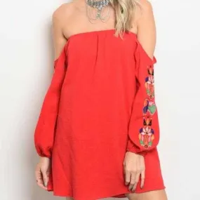 Embroidered Off Shoulder Red Dress