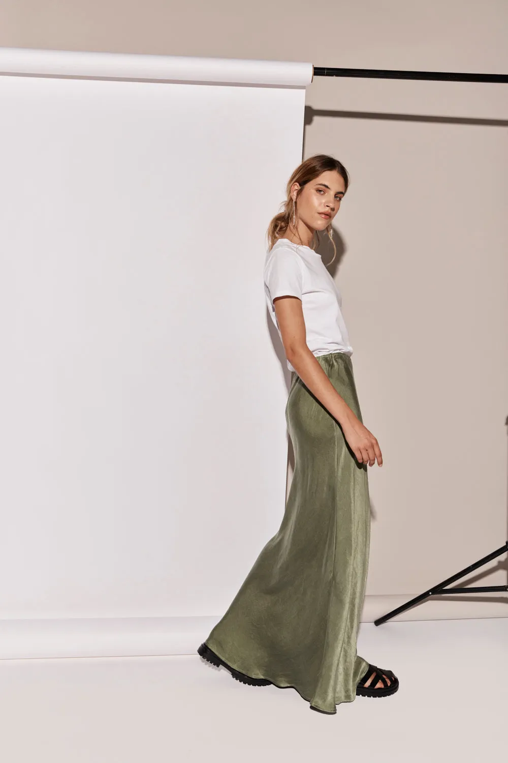 Ena Elegant Forest Green Bias-Cut Maxi Skirt