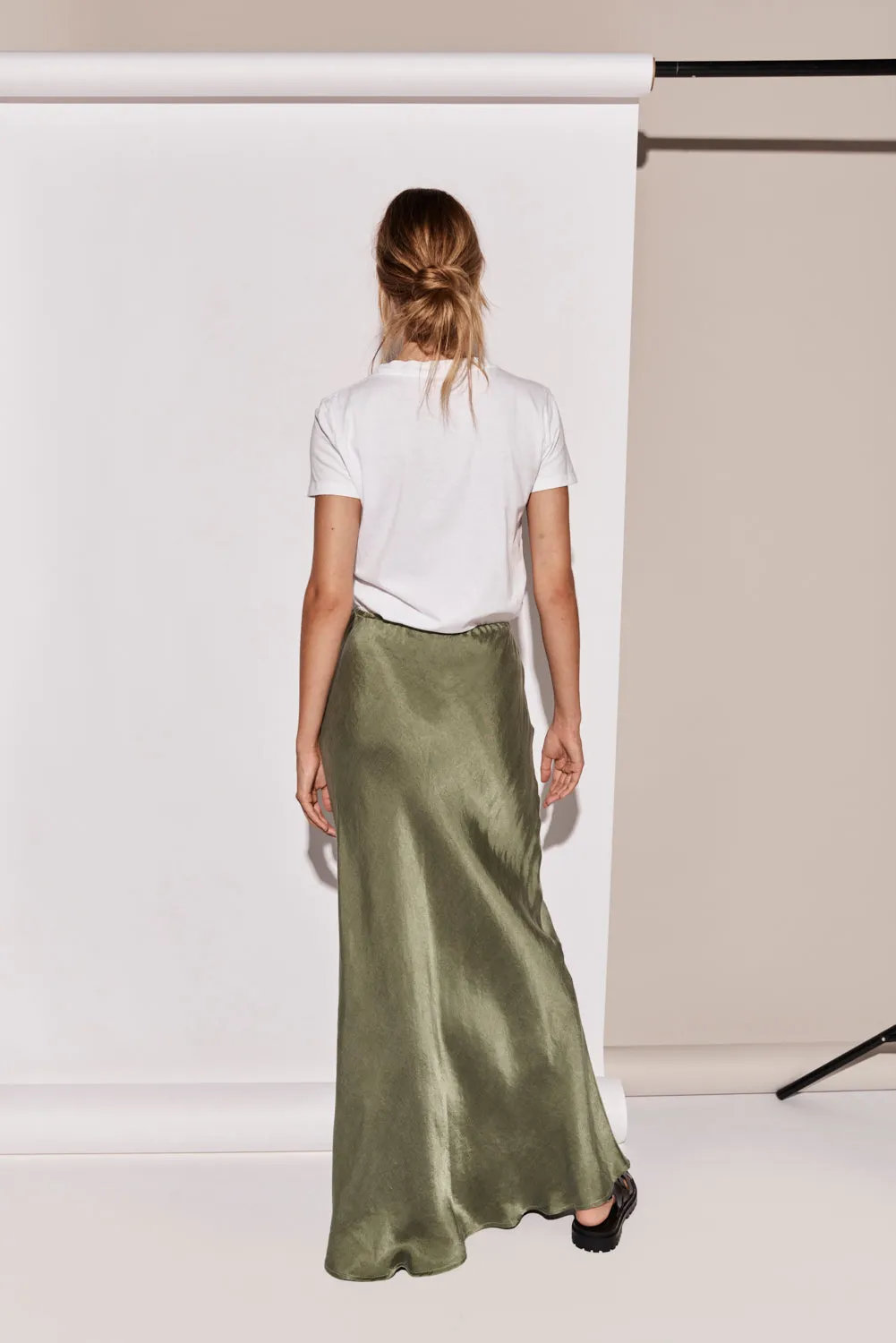 Ena Elegant Forest Green Bias-Cut Maxi Skirt