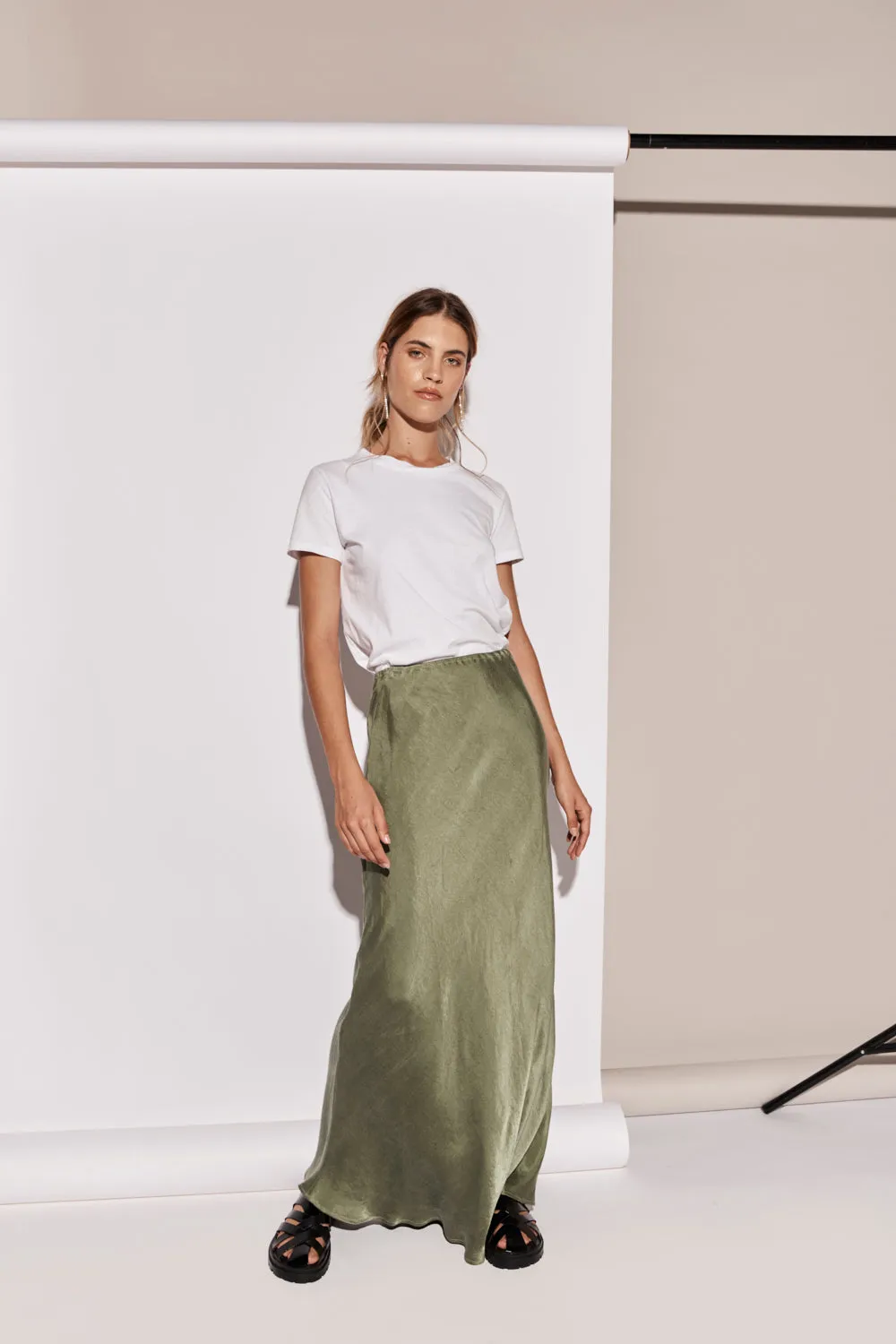 Ena Elegant Forest Green Bias-Cut Maxi Skirt