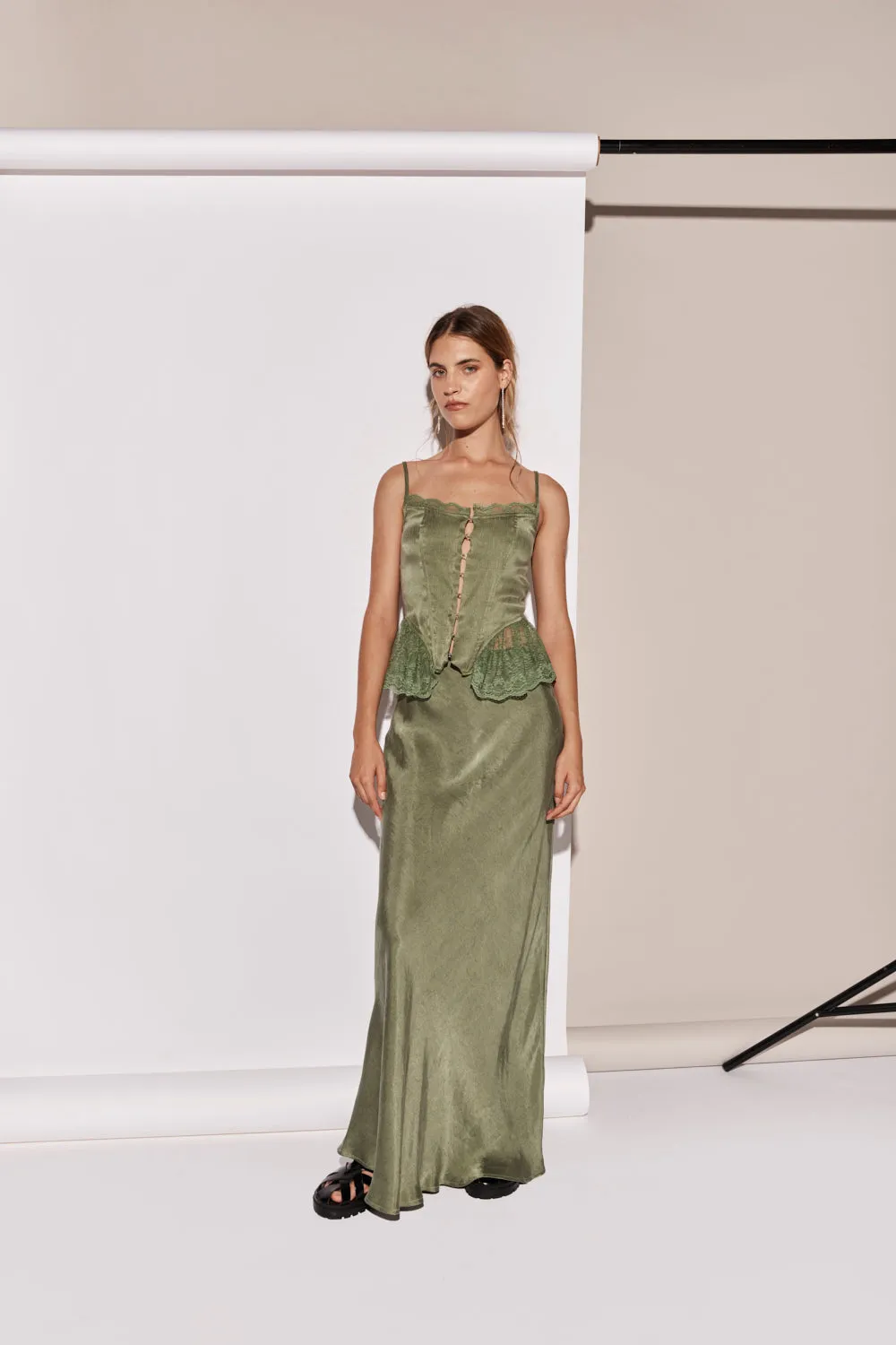 Ena Elegant Forest Green Bias-Cut Maxi Skirt