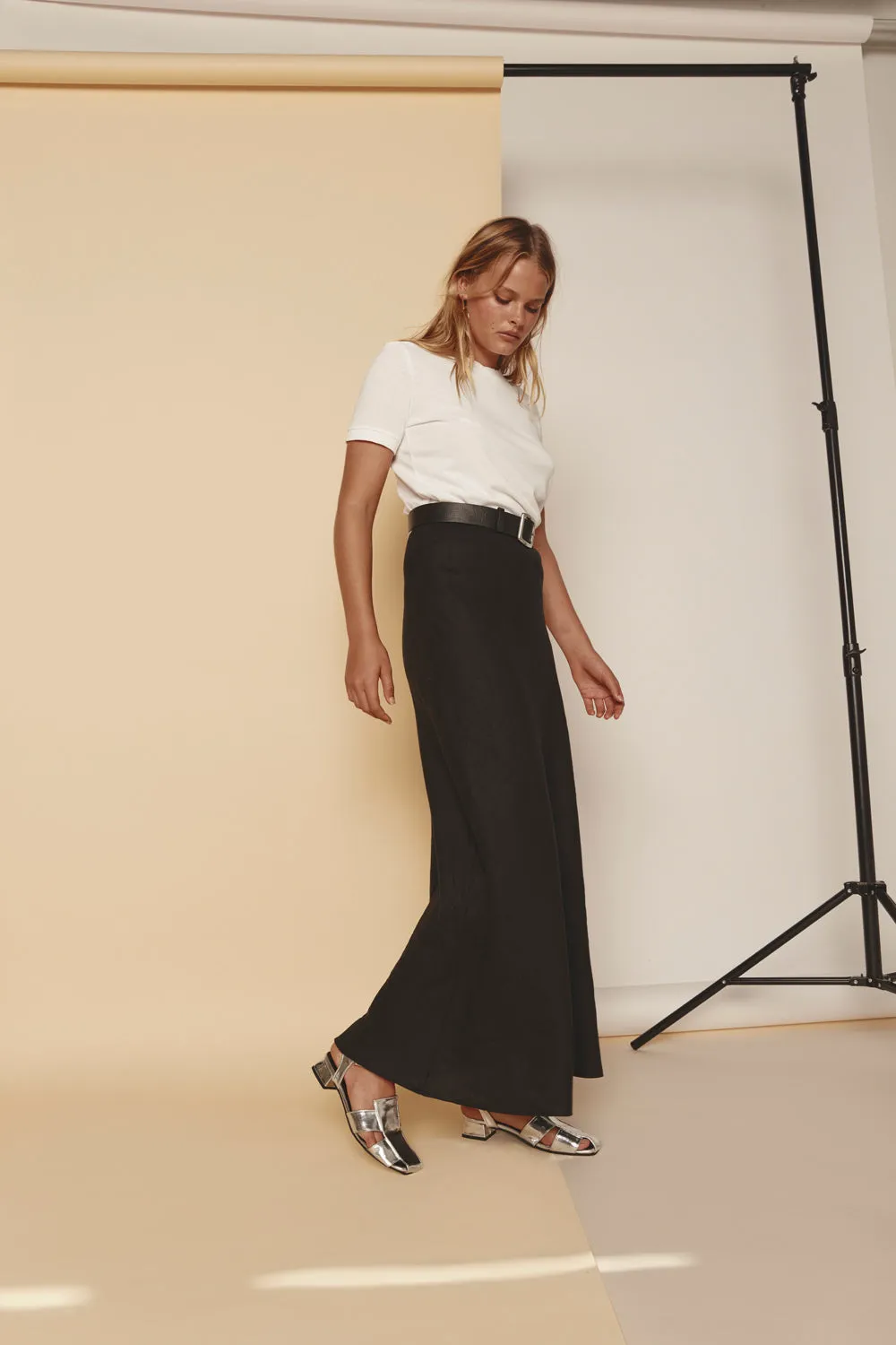 Ena Linen Bias Cut Maxi Skirt Black