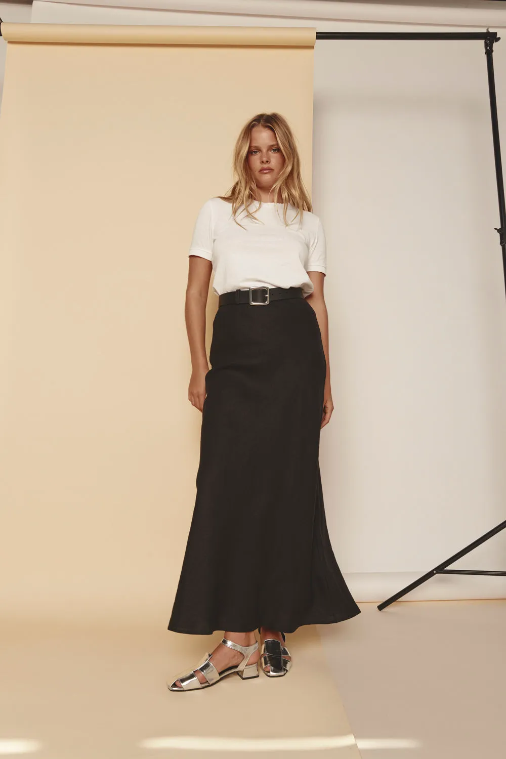 Ena Linen Bias Cut Maxi Skirt Black