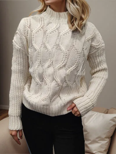 Explore More Collection - Cable-Knit Mock Neck Long Sleeve Sweater